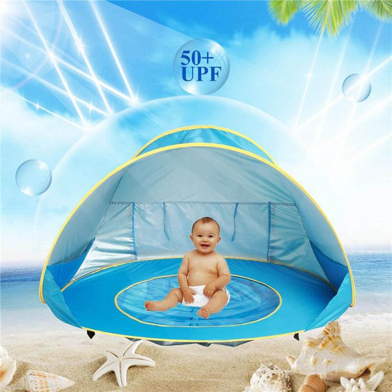 Barraca infantil pop up azul para praia com cobertura e base para brincadeiras com água