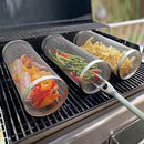 Cesta cilíndrica de aço inox para churrasco com malha metálica e trava para grelhar legumes, batatas e petiscos