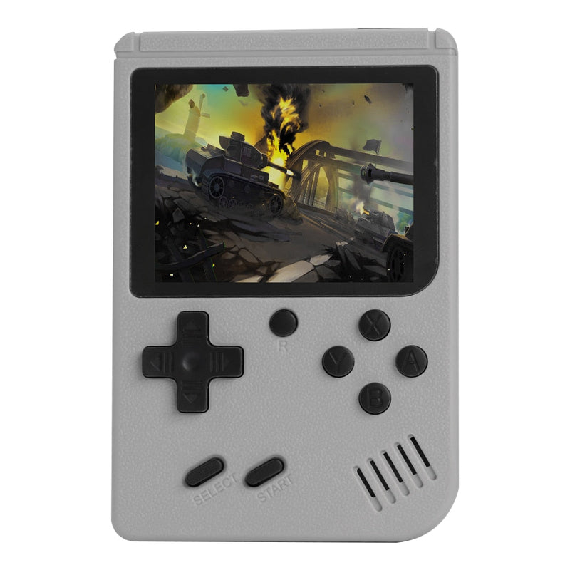 Console portátil retrô azul com tela colorida, controle direcional e botões de comando