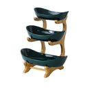 Fruteira de mesa 3 andares verde com suporte de bambu para frutas e alimentos