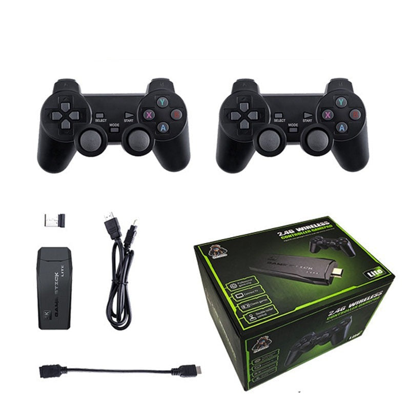 Game Stick Lite 4K preto com dois controles sem fio 2.4G para jogos retrô na TV