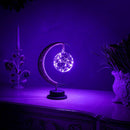 Luminária lua crescente LED com esfera iluminada em azul galáxia para decoração