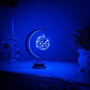 Luminária lua crescente LED com esfera iluminada em violeta ametista para decoração