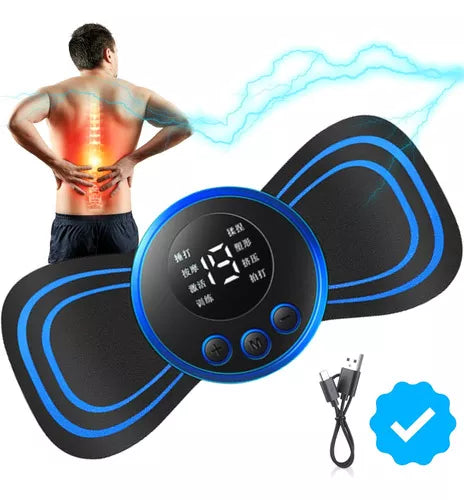 Massageador corporal elétrico portátil preto e azul com 8 modos de massagem e 19 níveis de intensidade