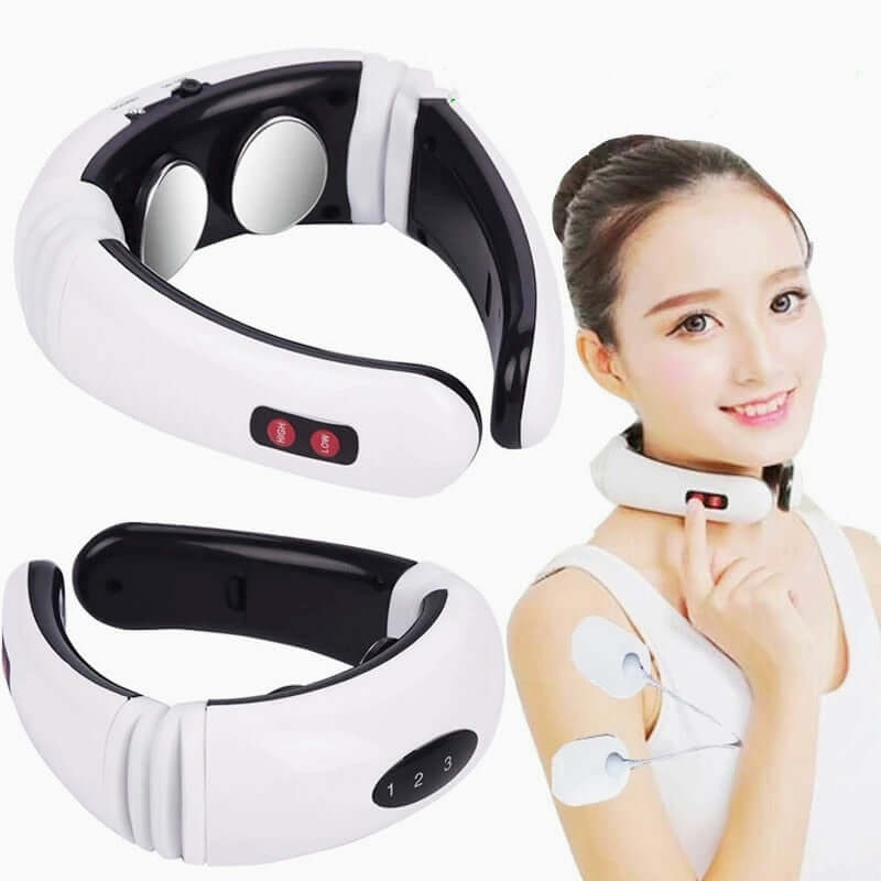 Massageador elétrico branco e preto para pescoço com dois eletrodos externos e controles de intensidade