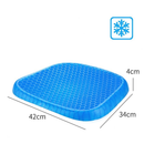 Imagem com as medidas da almofada ortopédica em gel de silicone para cadeira, apresentando dimensões aproximadas para uso em escritório, banco de carro, cadeira gamer e home office.