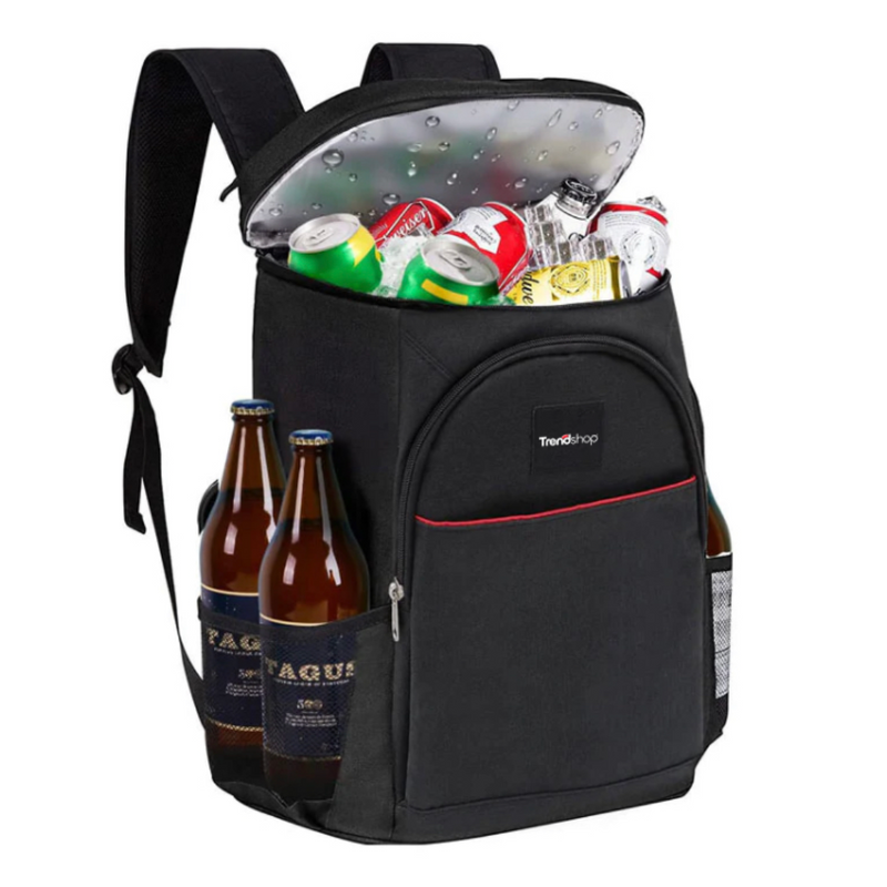 Mochila térmica preta para alimentos e bebidas com bolso frontal, revestimento interno térmico e alças ajustáveis