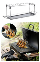Suporte metálico para asar frango no churrasco com bandeja coletora e encaixes para coxinhas e asas